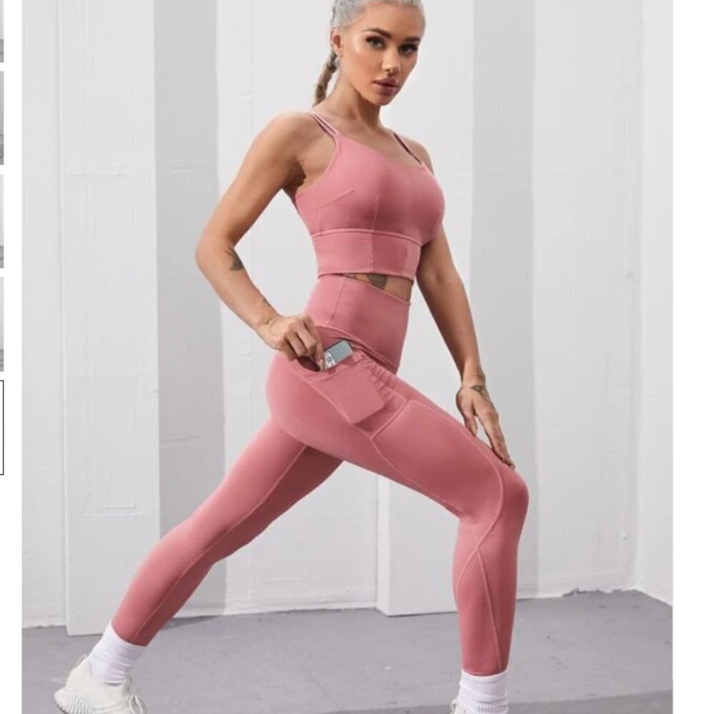 SHEIN Dusty Pink‎ Sports Bra and Leggings Set Strappy Back Activewear Womens L